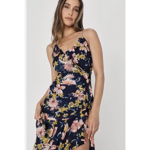 NWT Lulu's Stunning Soiree Navy Blue Floral Print Ruched Midi‎ Dress Lined Large - Picture 3 of 10
